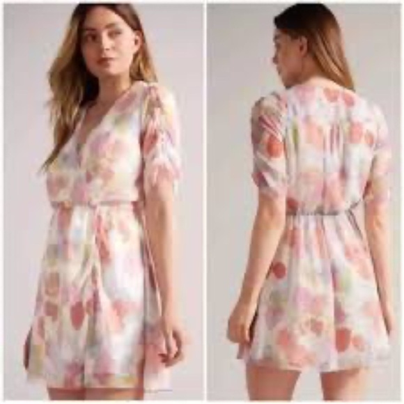 Ted Baker Juleah Ruched Mini Dress, Natural Size 3 /US 8 Short Sleeves Lined - Picture 1 of 12